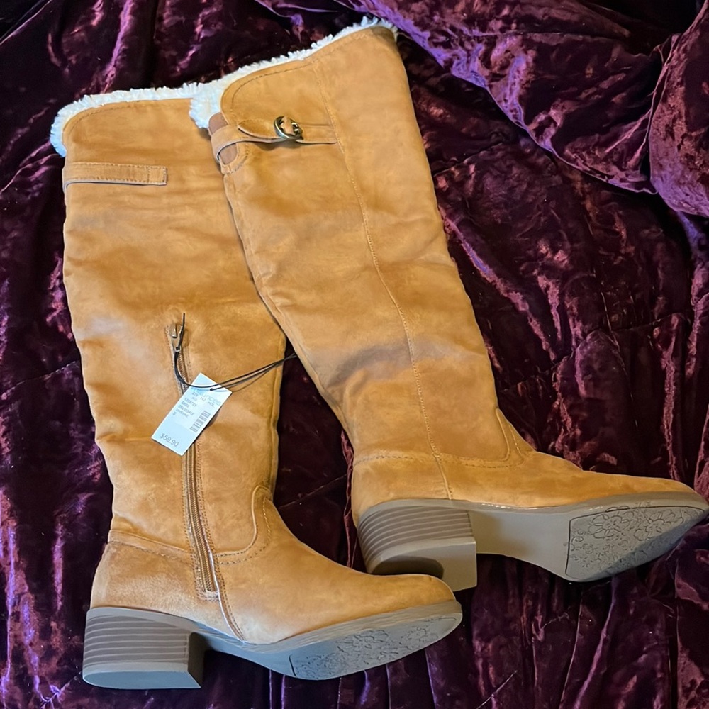 NWT Over-the-Knee Cognac Suede Boots w/ Faux Fur Trim